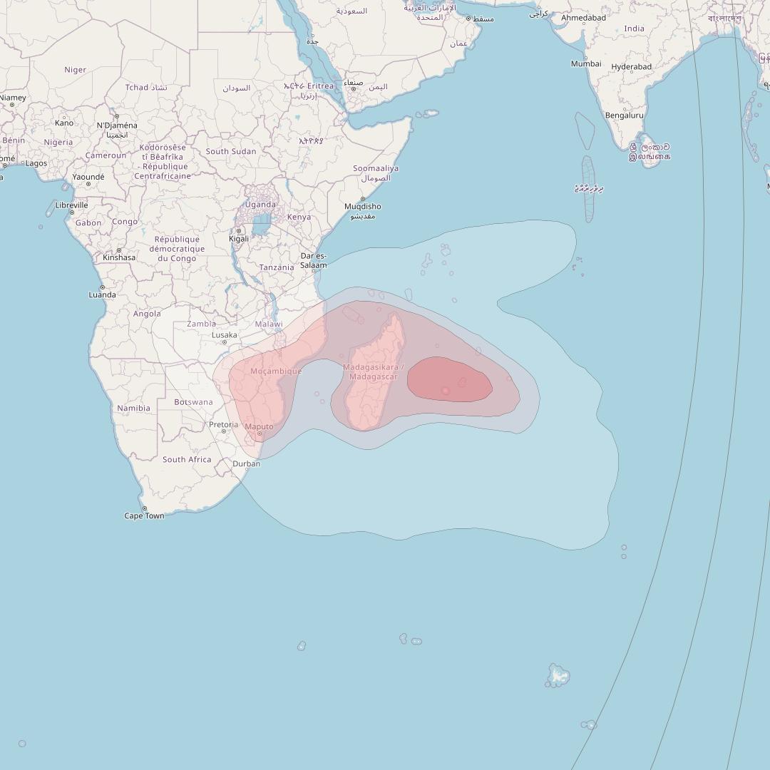 Eutelsat 16A at 16° E downlink Ku-band South-East Africa beam coverage map