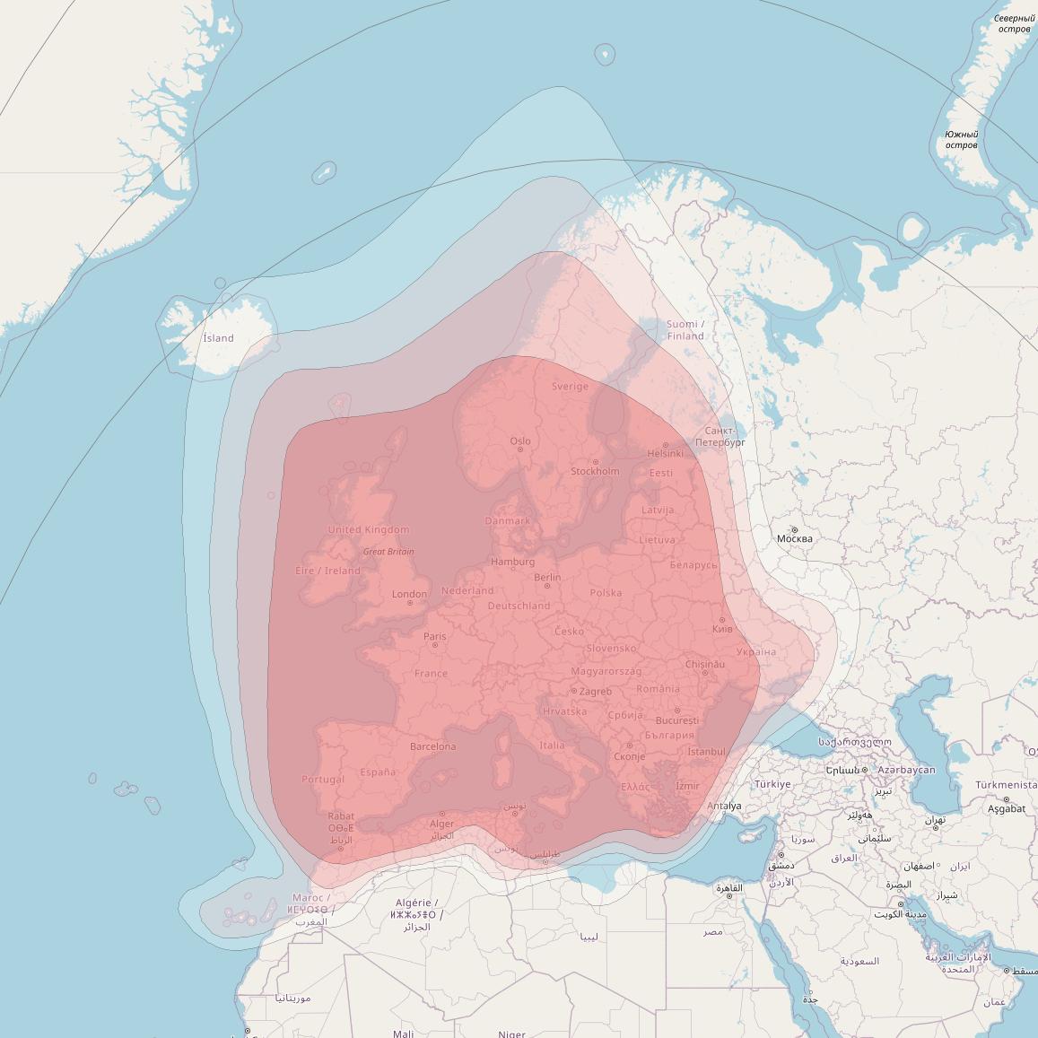 Astra 1M at 19° E downlink Ku-band European Beam coverage map