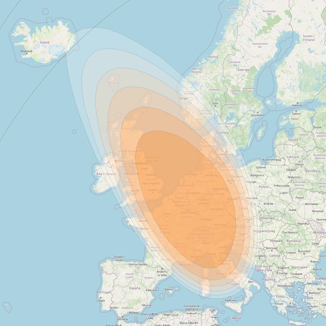 Astra 2E at 28° E downlink Ka-band Europe beam coverage map