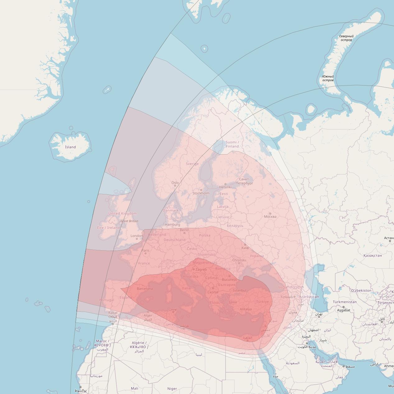 Intelsat 39 at 62° E downlink Ku-band Europe beam coverage map