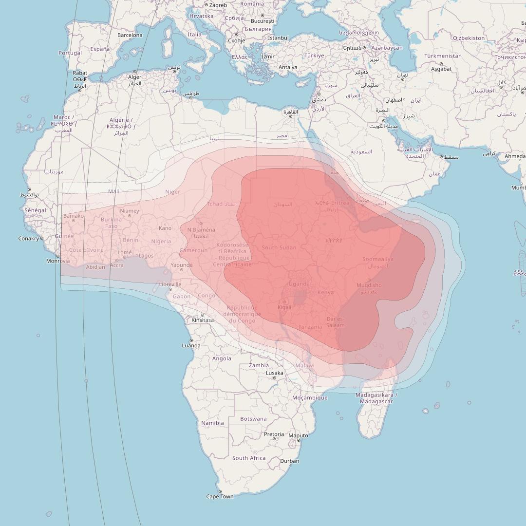 Eutelsat 70B at 70° E downlink Ku-band Africa beam coverage map