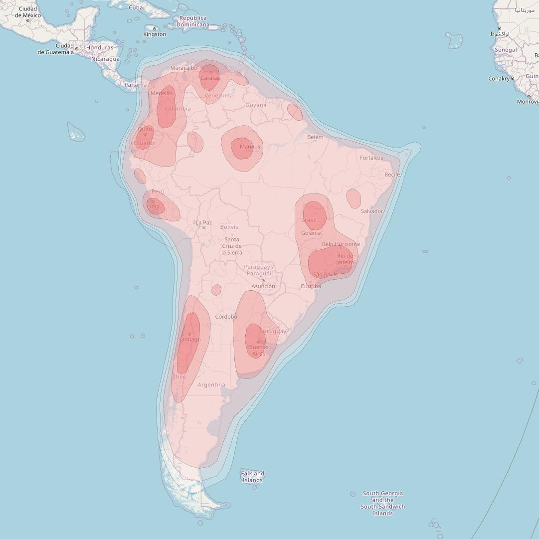 Hispasat 74W-1 at 74° W downlink Ku-band South America beam coverage map
